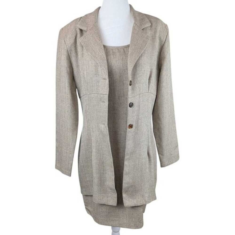 Vintage My Michelle ‎ Sleeveless Dress Long Jacket Set 13/14 Tan Career Timeless